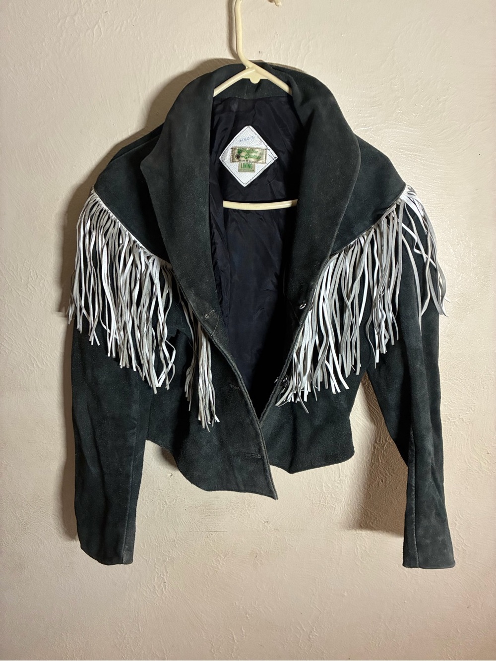 Fringed Suede Leather Jacket in Dark Gray with White Fringe